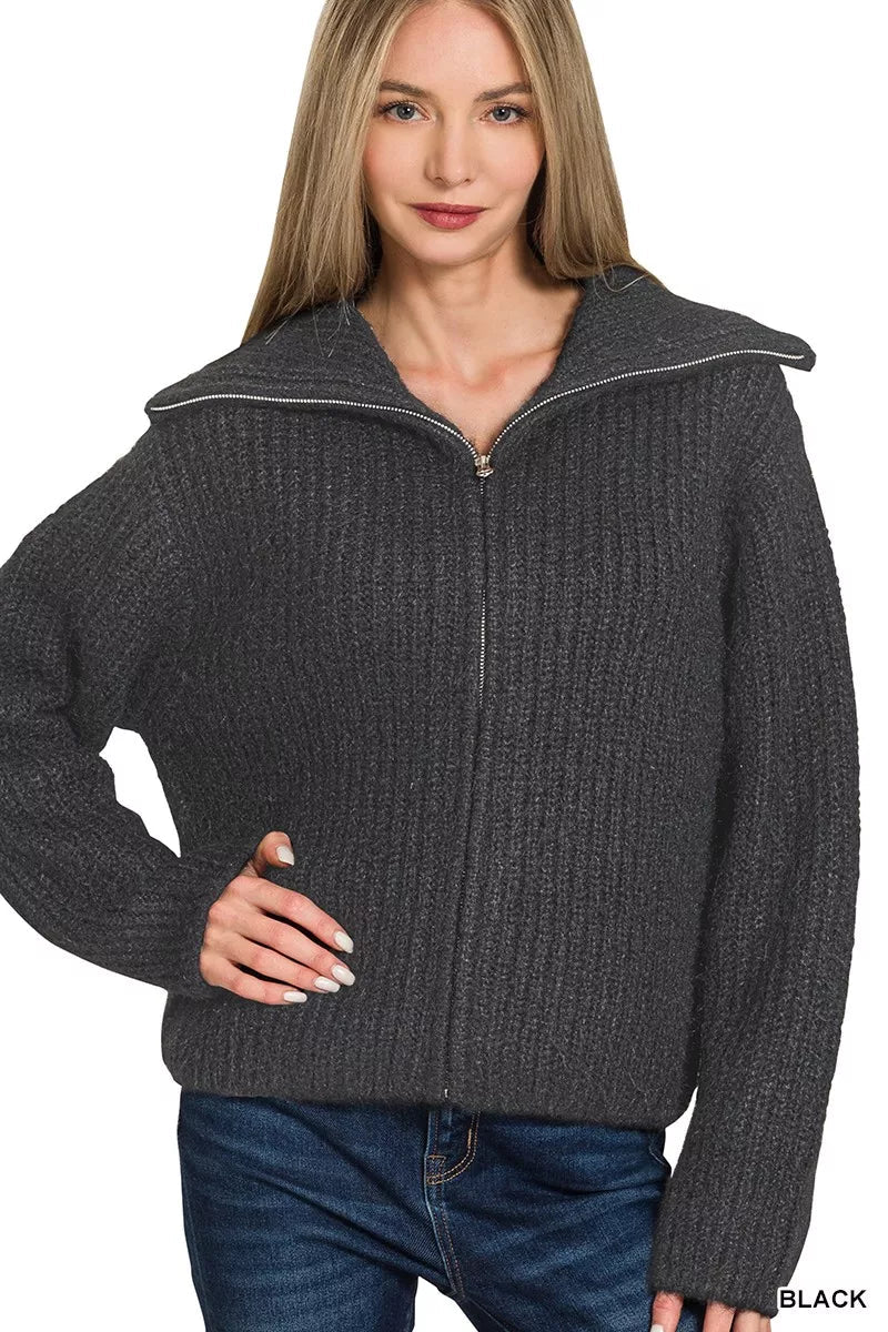 Zenana High Neck Full Zip Sweater Cardigan - Bitsy Gypsy Boutique