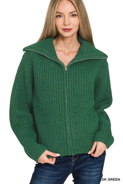 Zenana High Neck Full Zip Sweater Cardigan - Bitsy Gypsy Boutique