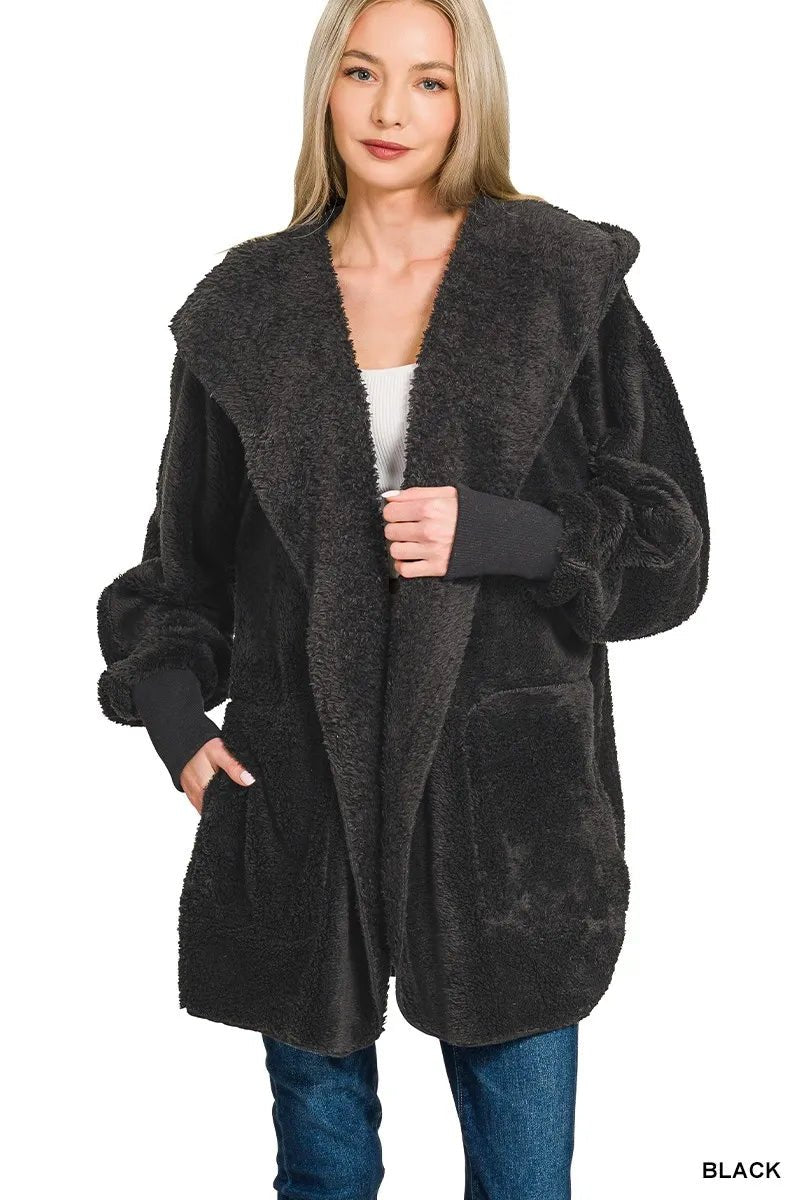 Zenana Hooded Faux Fur Jacket with Pockets - Bitsy Gypsy Boutique