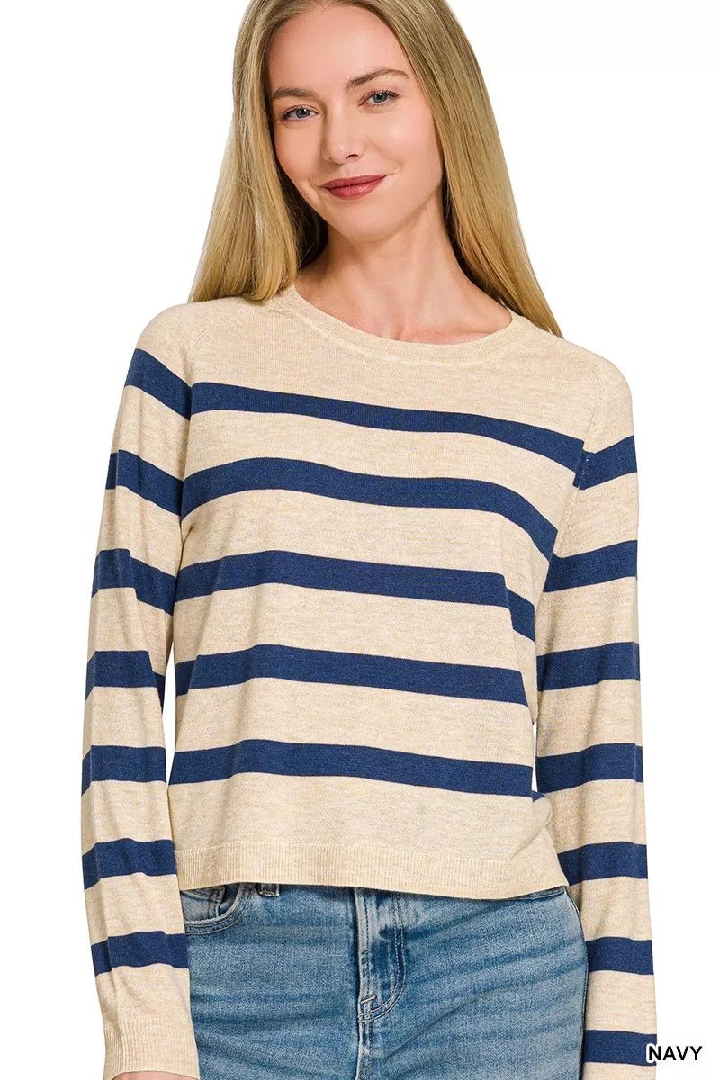 Zenana Lightweight Wool Blend Striped Round Neck Sweater - Bitsy Gypsy Boutique