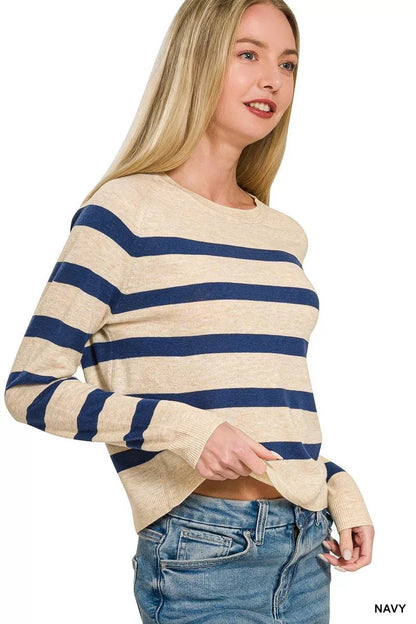 Zenana Lightweight Wool Blend Striped Round Neck Sweater - Bitsy Gypsy Boutique