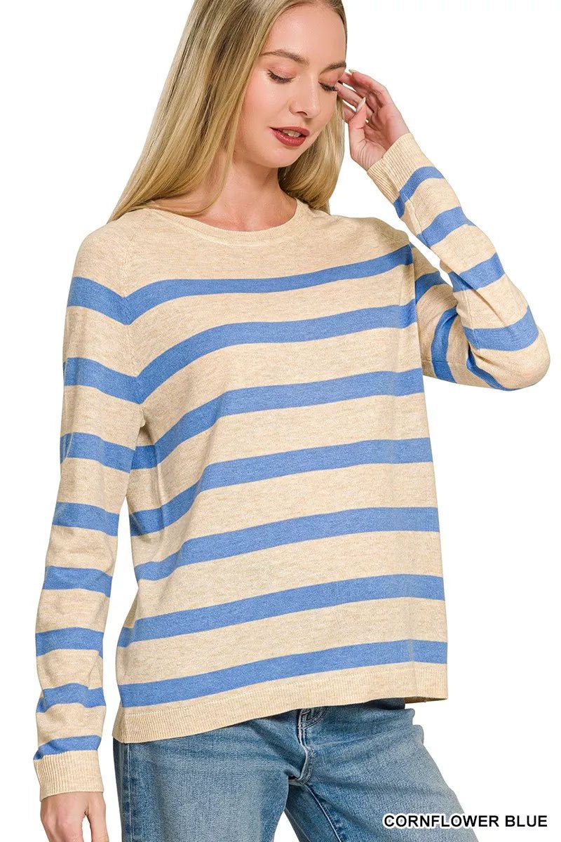 Zenana Lightweight Wool Blend Striped Round Neck Sweater - Bitsy Gypsy Boutique