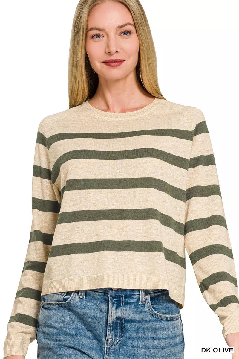 Zenana Lightweight Wool Blend Striped Round Neck Sweater - Bitsy Gypsy Boutique