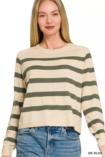 Zenana Lightweight Wool Blend Striped Round Neck Sweater - Bitsy Gypsy Boutique