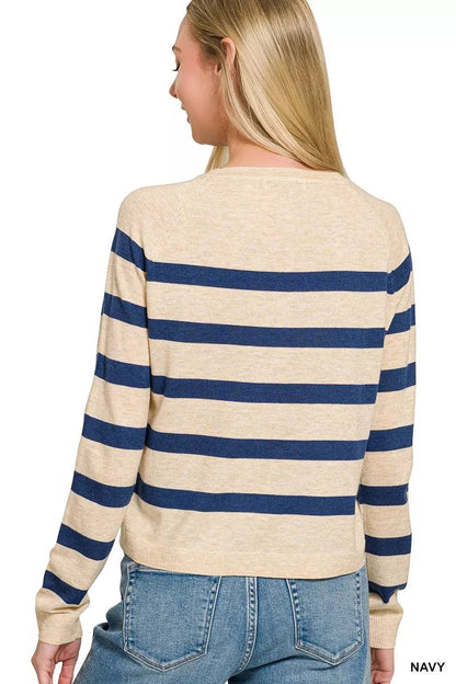 Zenana Lightweight Wool Blend Striped Round Neck Sweater - Bitsy Gypsy Boutique