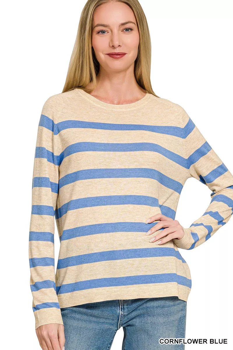 Zenana Lightweight Wool Blend Striped Round Neck Sweater - Bitsy Gypsy Boutique