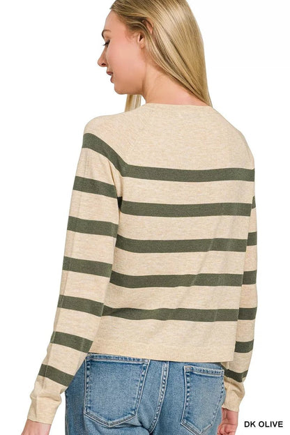 Zenana Lightweight Wool Blend Striped Round Neck Sweater - Bitsy Gypsy Boutique