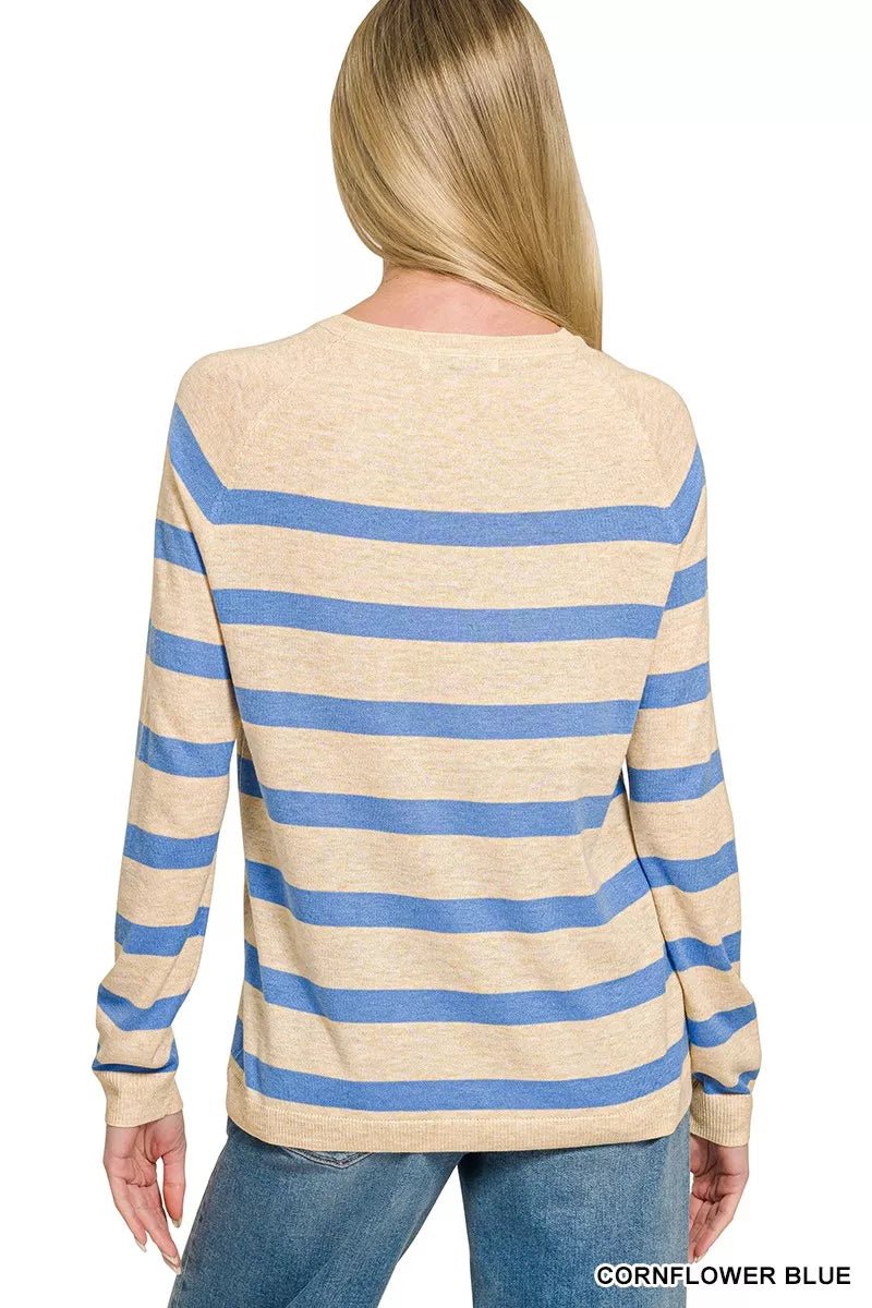 Zenana Lightweight Wool Blend Striped Round Neck Sweater - Bitsy Gypsy Boutique