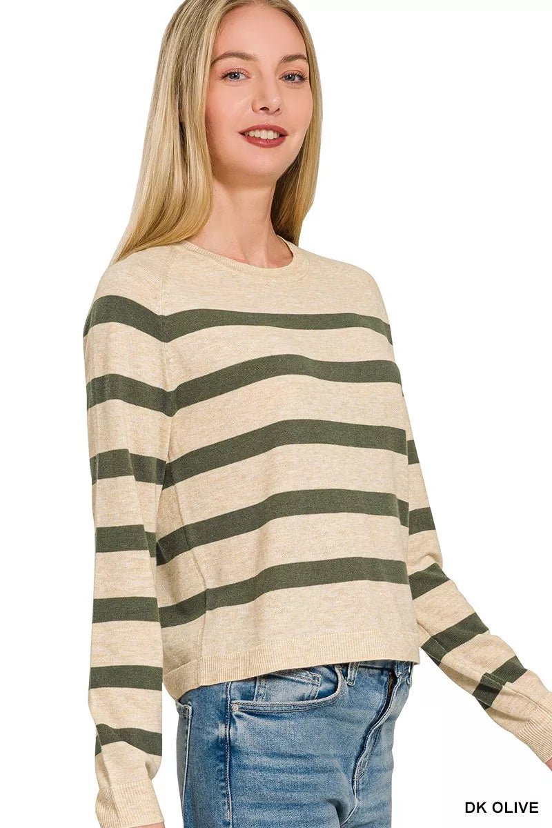 Zenana Lightweight Wool Blend Striped Round Neck Sweater - Bitsy Gypsy Boutique
