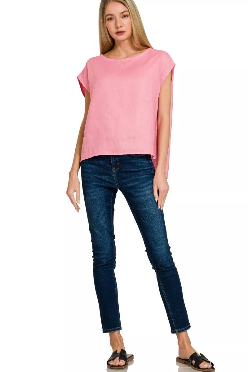 Zenana Linen Round Neck Cap Sleeve Top - Bitsy Gypsy Boutique