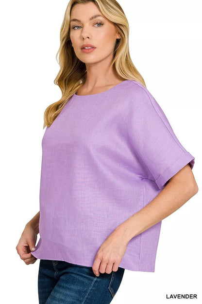 Zenana Linen Round Neck Cuffed Sleeve Top - Bitsy Gypsy Boutique