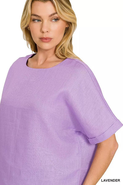 Zenana Linen Round Neck Cuffed Sleeve Top - Bitsy Gypsy Boutique