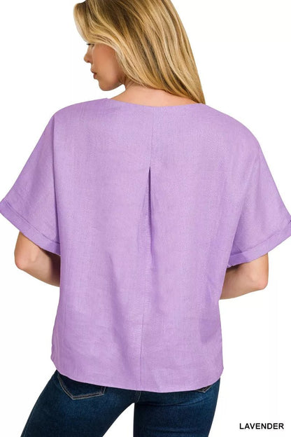 Zenana Linen Round Neck Cuffed Sleeve Top - Bitsy Gypsy Boutique