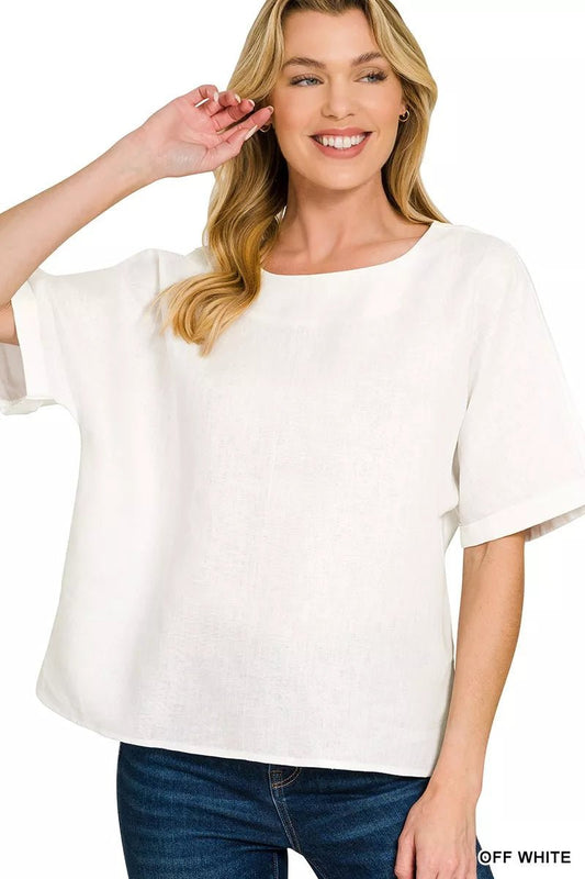 Zenana Linen Round Neck Cuffed Sleeve Top - Bitsy Gypsy Boutique