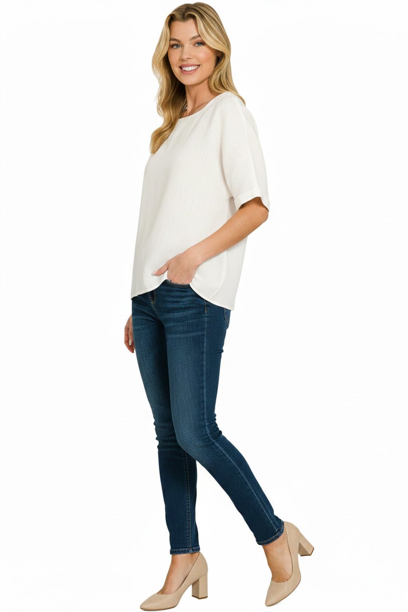 Zenana Linen Round Neck Cuffed Sleeve Top - Bitsy Gypsy Boutique