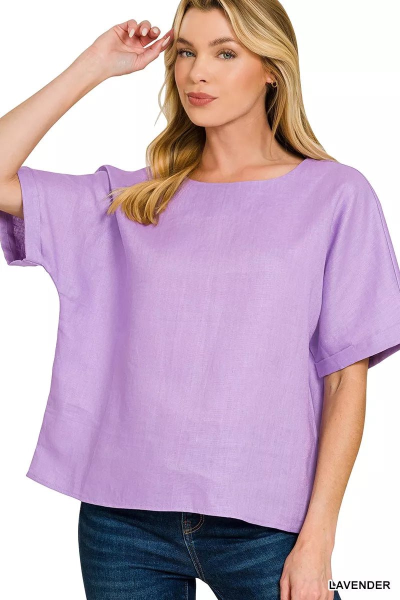 Zenana Linen Round Neck Cuffed Sleeve Top - Bitsy Gypsy Boutique