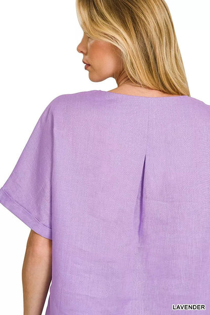 Zenana Linen Round Neck Cuffed Sleeve Top - Bitsy Gypsy Boutique