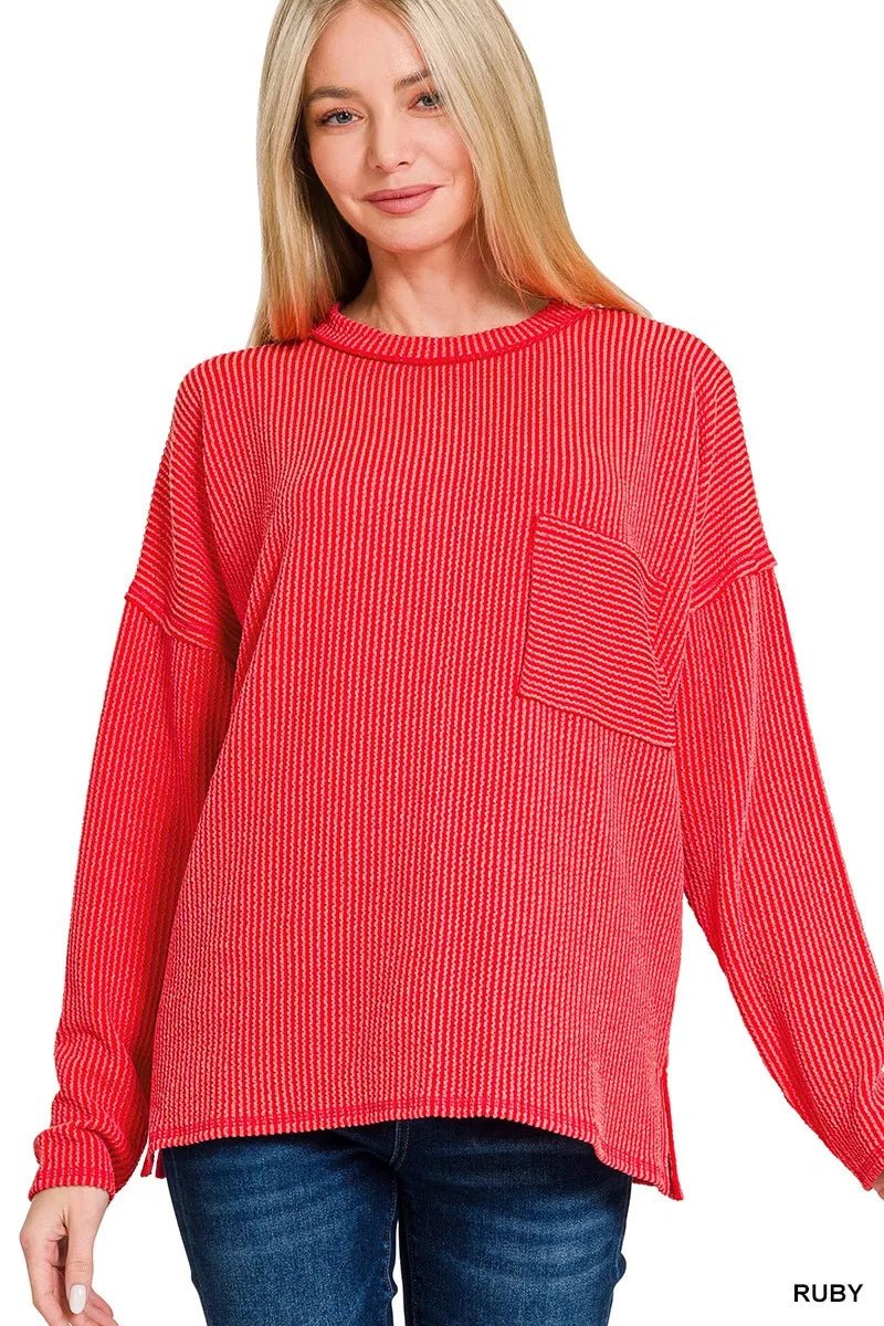 Zenana Long Sleeve Drop Shoulder Rib Top - Bitsy Gypsy Boutique