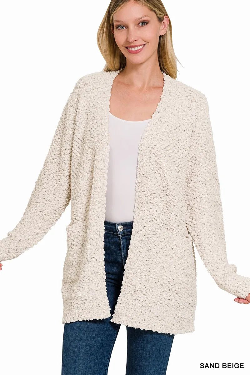 Zenana Long Sleeve Popcorn Sweater Cardigan with Pockets - Bitsy Gypsy Boutique