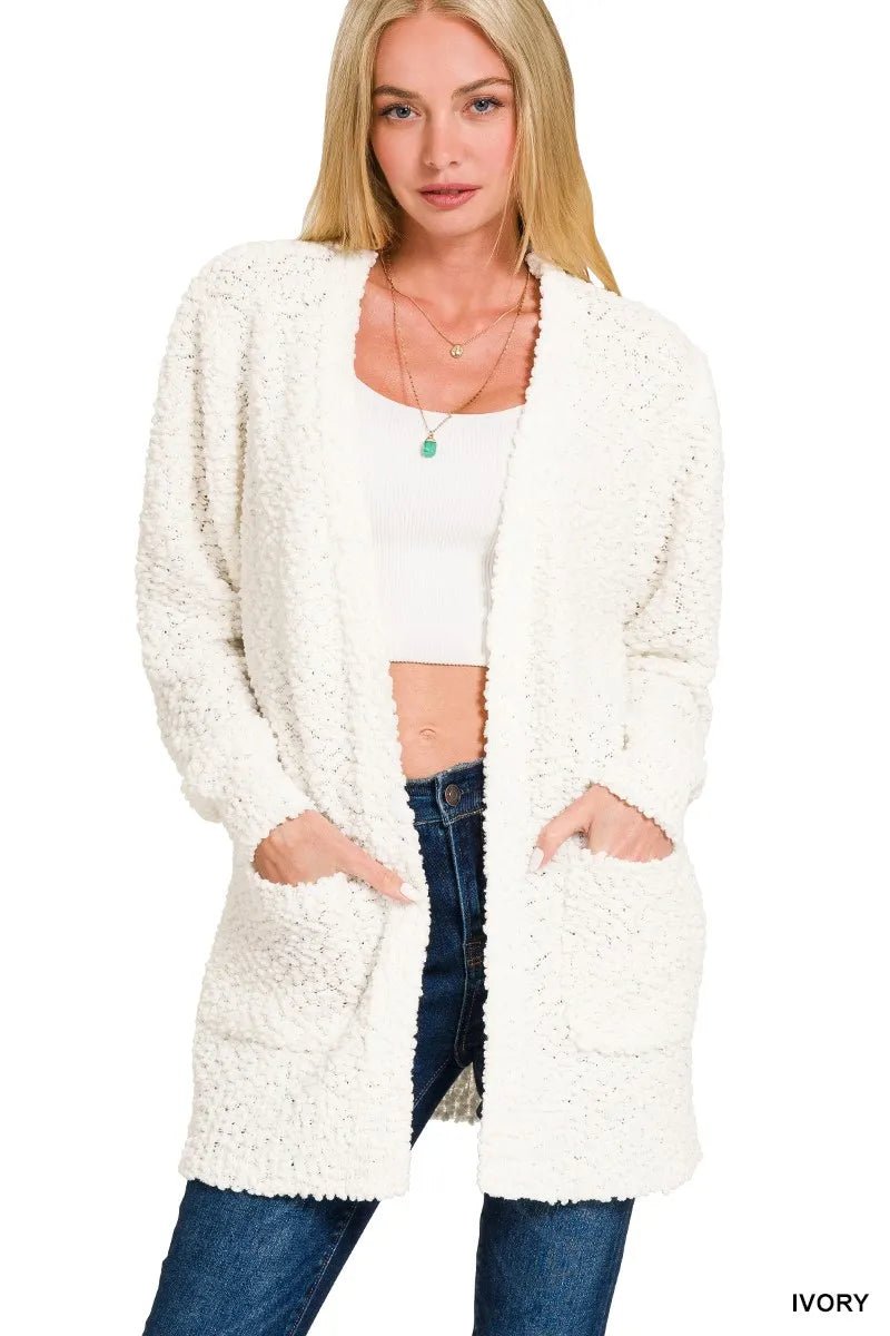 Zenana Long Sleeve Popcorn Sweater Cardigan with Pockets - Bitsy Gypsy Boutique