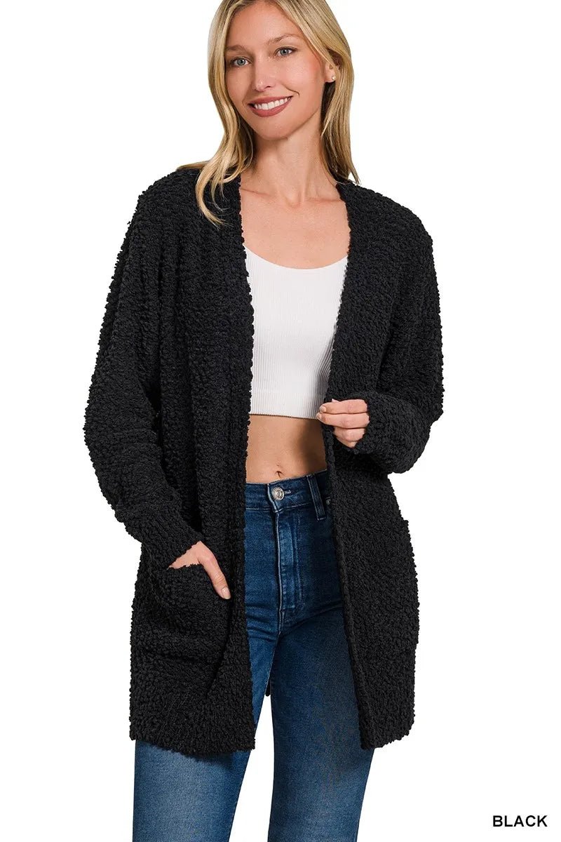 Zenana Long Sleeve Popcorn Sweater Cardigan with Pockets - Bitsy Gypsy Boutique