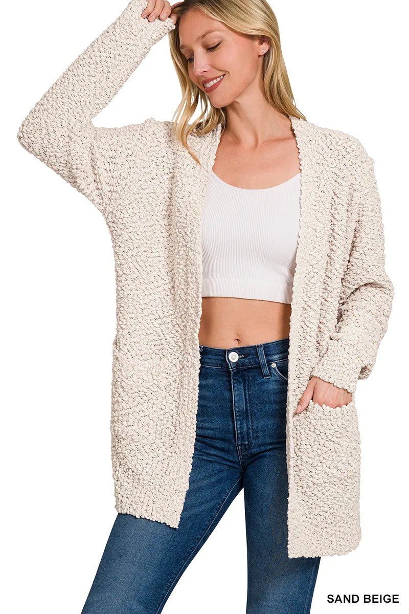 Zenana Long Sleeve Popcorn Sweater Cardigan with Pockets - Bitsy Gypsy Boutique