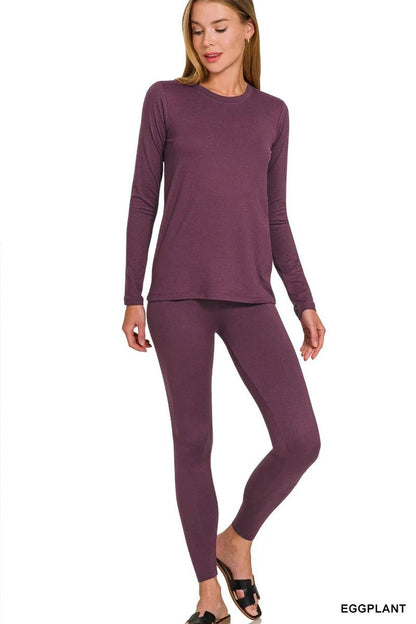 Zenana Microfiber Round Neck Top and Leggings Set - Bitsy Gypsy Boutique