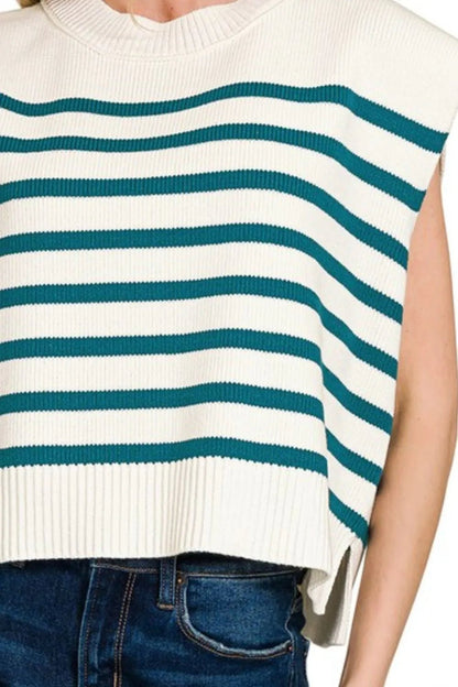 Zenana Oversized Crew Neck Stripe Sweater Vest - Bitsy Gypsy Boutique