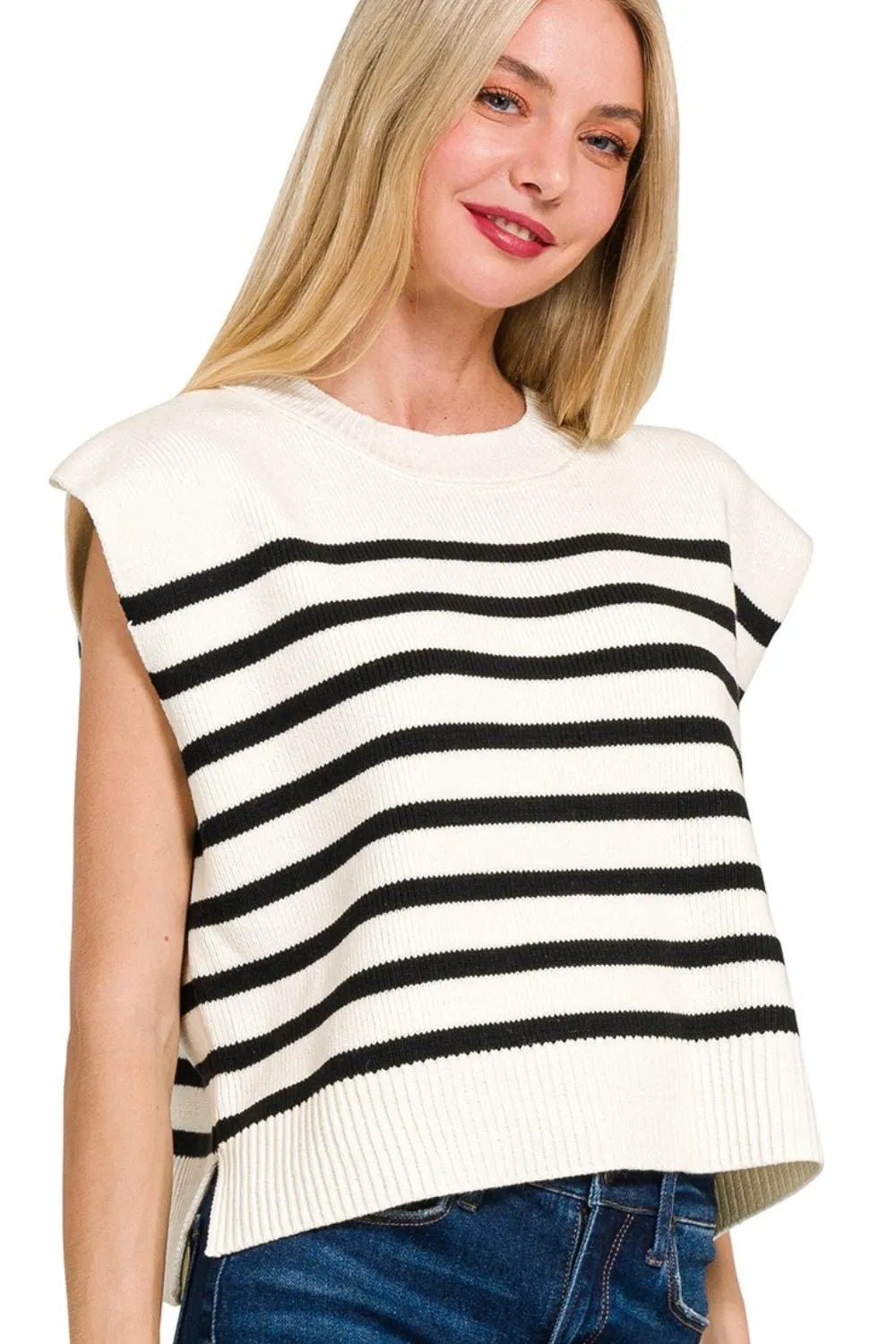 Zenana Oversized Crew Neck Stripe Sweater Vest - Bitsy Gypsy Boutique