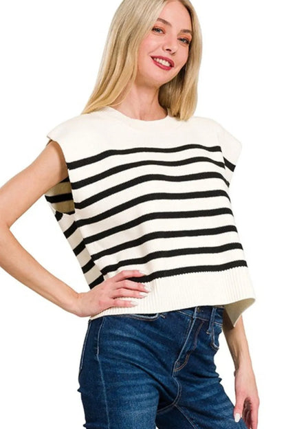 Zenana Oversized Crew Neck Stripe Sweater Vest - Bitsy Gypsy Boutique