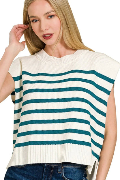Zenana Oversized Crew Neck Stripe Sweater Vest - Bitsy Gypsy Boutique