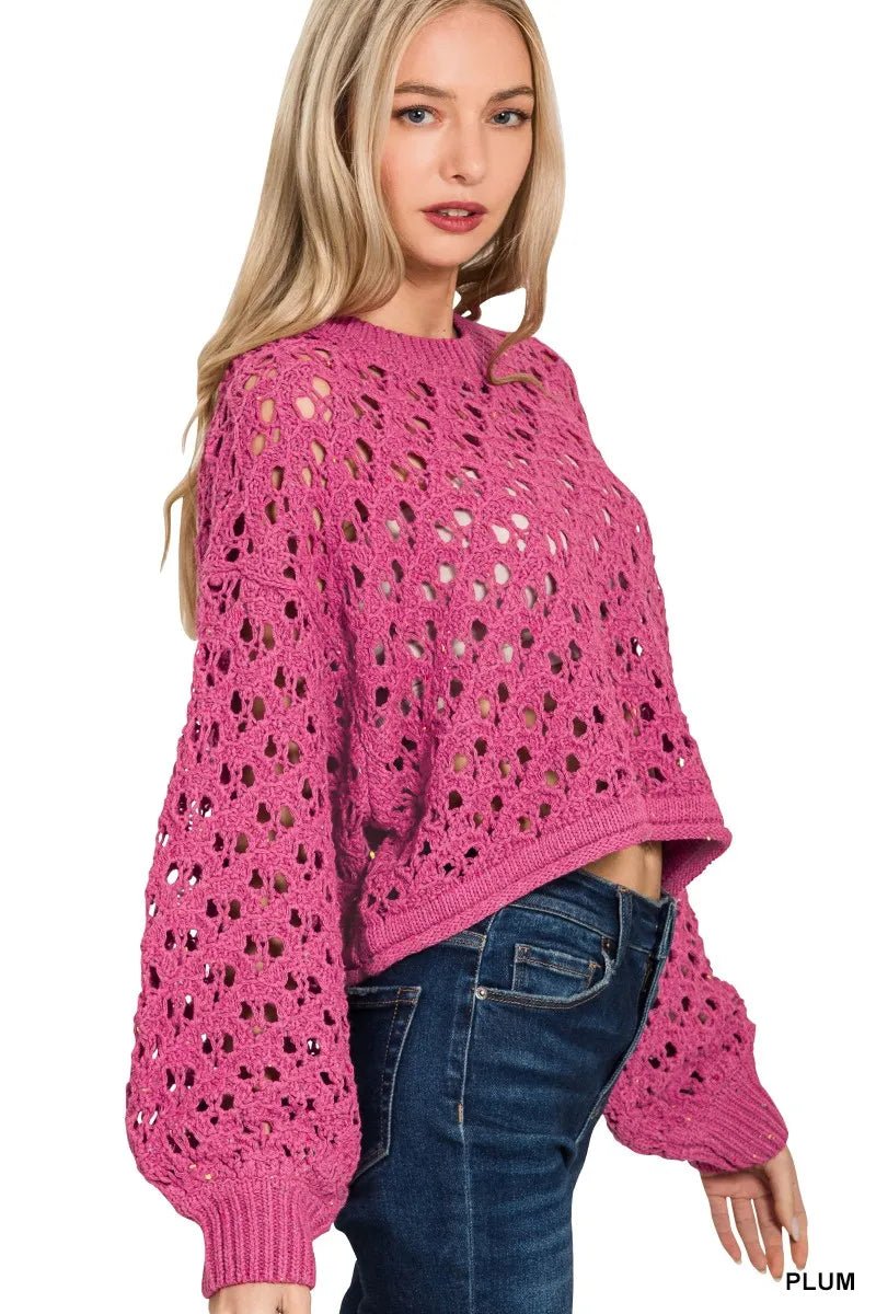 Zenana Oversized Cropped Crochet Knit Sweater - Bitsy Gypsy Boutique