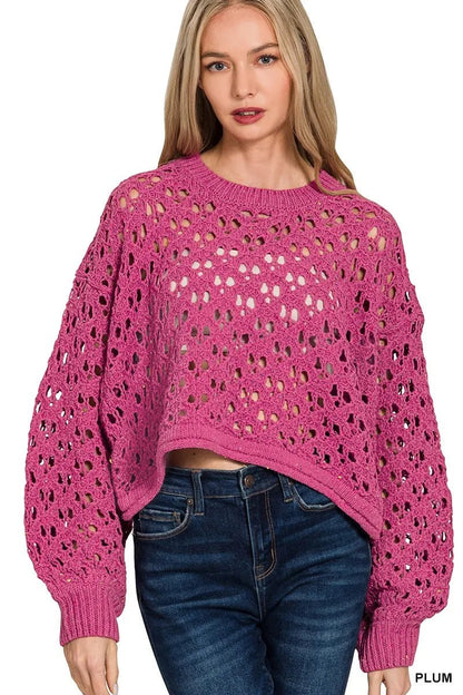 Zenana Oversized Cropped Crochet Knit Sweater - Bitsy Gypsy Boutique