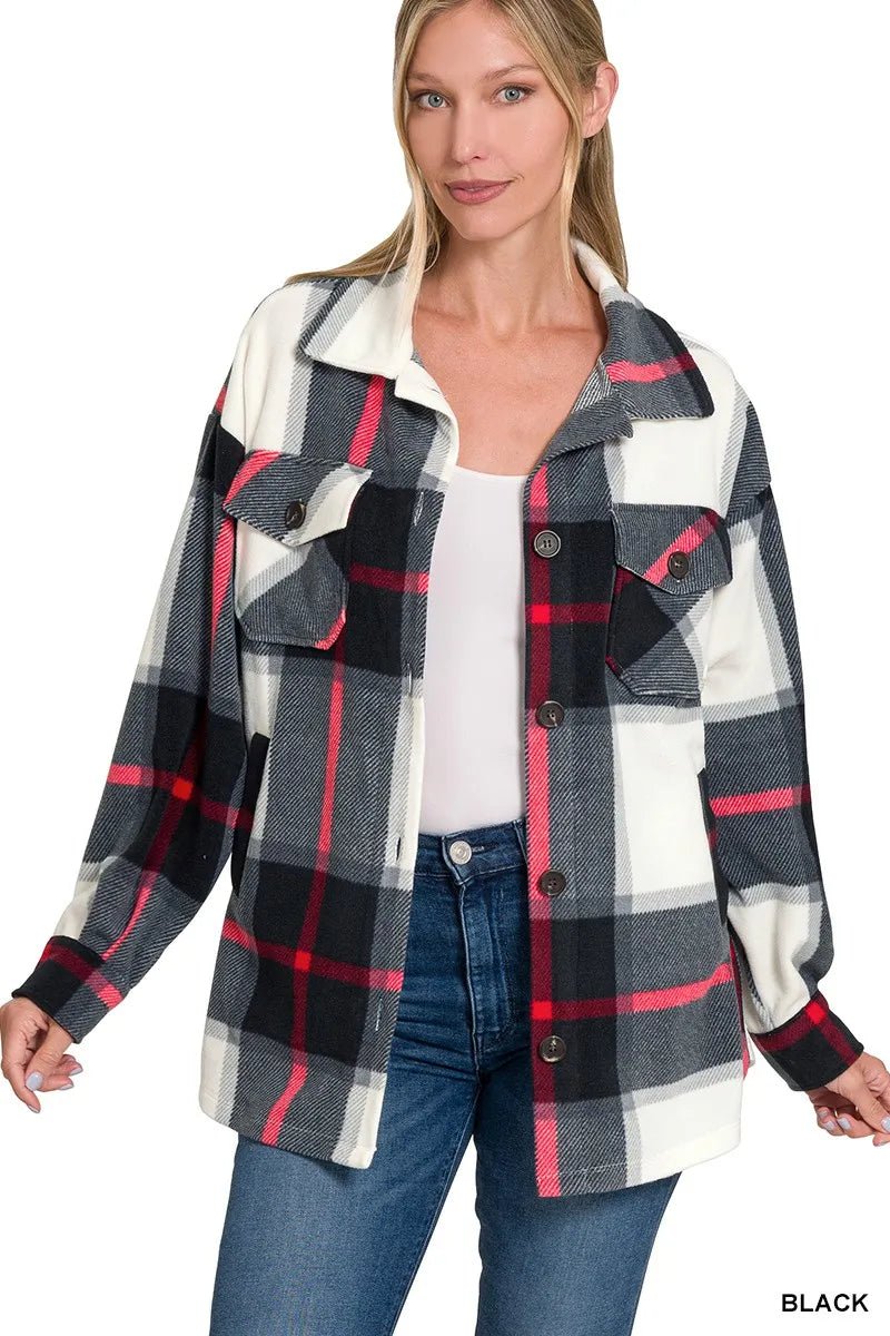 Zenana Oversized Plaid Fleece Shacket - Bitsy Gypsy Boutique