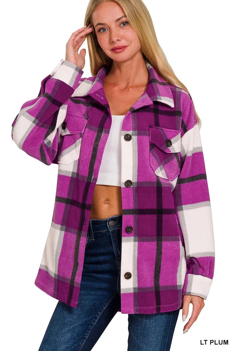 Zenana Oversized Plaid Fleece Shacket - Bitsy Gypsy Boutique