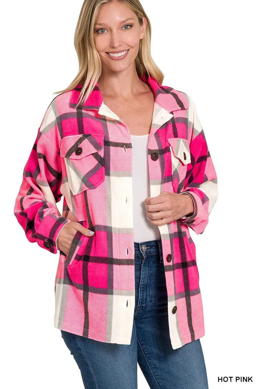 Zenana Oversized Plaid Fleece Shacket - Bitsy Gypsy Boutique
