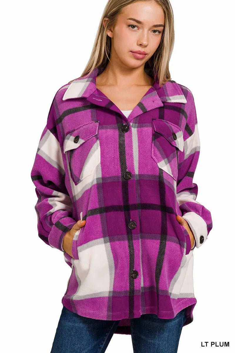 Zenana Oversized Plaid Fleece Shacket - Bitsy Gypsy Boutique