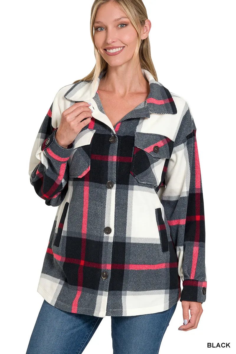 Zenana Oversized Plaid Fleece Shacket - Bitsy Gypsy Boutique