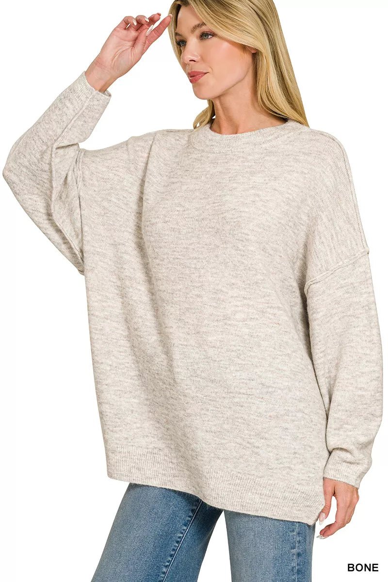 Zenana Oversized Round Neck Exposed Seam Melange Sweater - Bitsy Gypsy Boutique