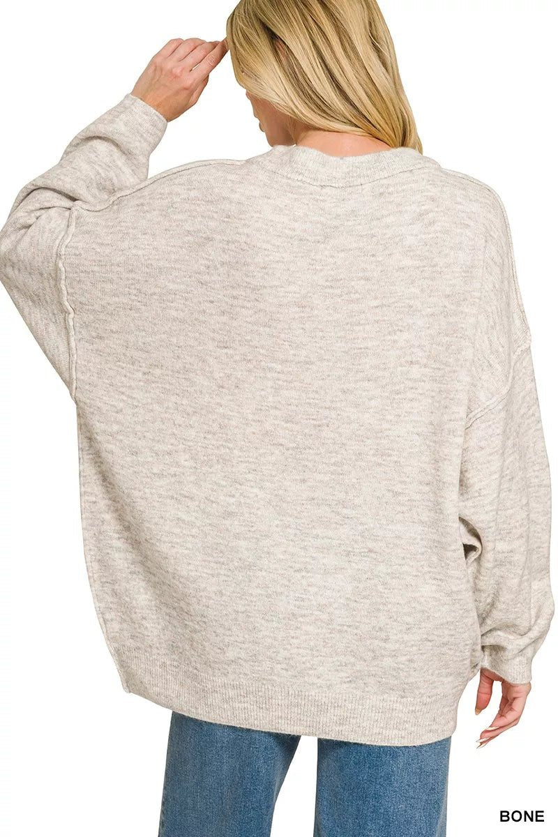 Zenana Oversized Round Neck Exposed Seam Melange Sweater - Bitsy Gypsy Boutique