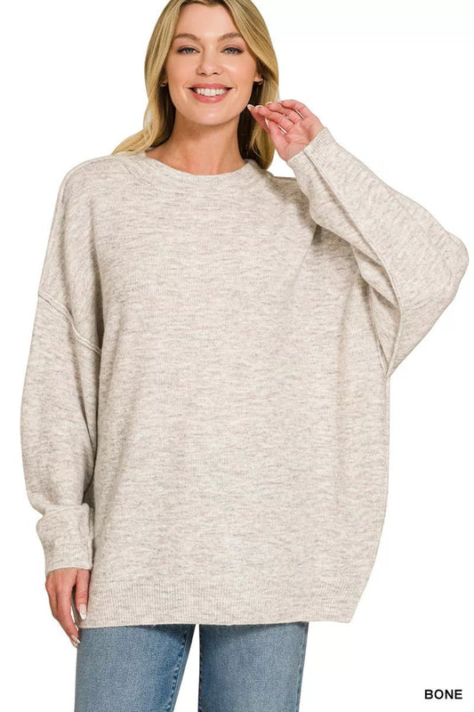 Zenana Oversized Round Neck Exposed Seam Melange Sweater - Bitsy Gypsy Boutique