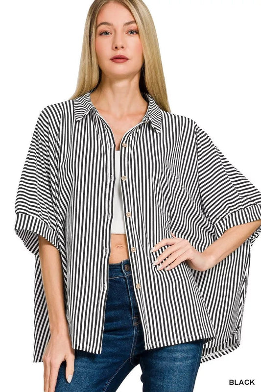 Zenana Oversized Stripe Button Down Shirt - Bitsy Gypsy Boutique