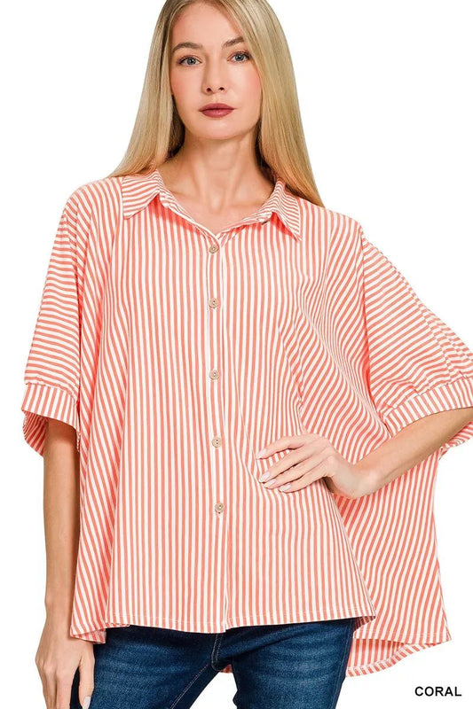 Zenana Oversized Stripe Button Down Shirt - Bitsy Gypsy Boutique