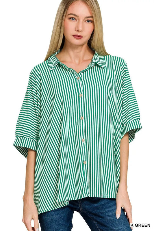 Zenana Oversized Stripe Button Down Shirt - Bitsy Gypsy Boutique