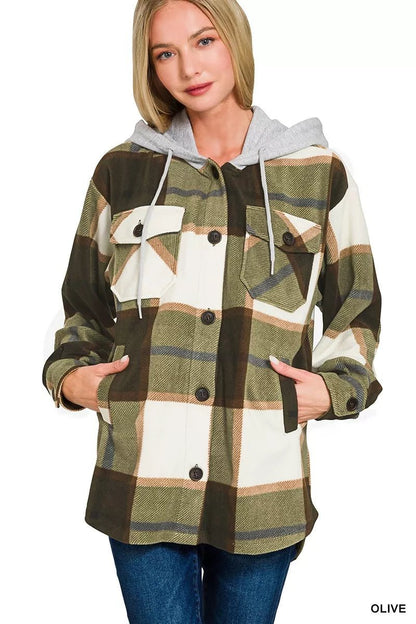 Zenana Plaid Drawstring Hooded Fleece Shacket - Bitsy Gypsy Boutique