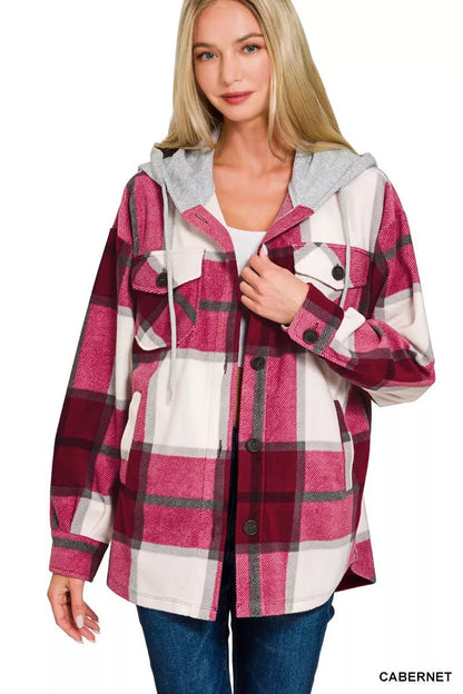 Zenana Plaid Drawstring Hooded Fleece Shacket - Bitsy Gypsy Boutique