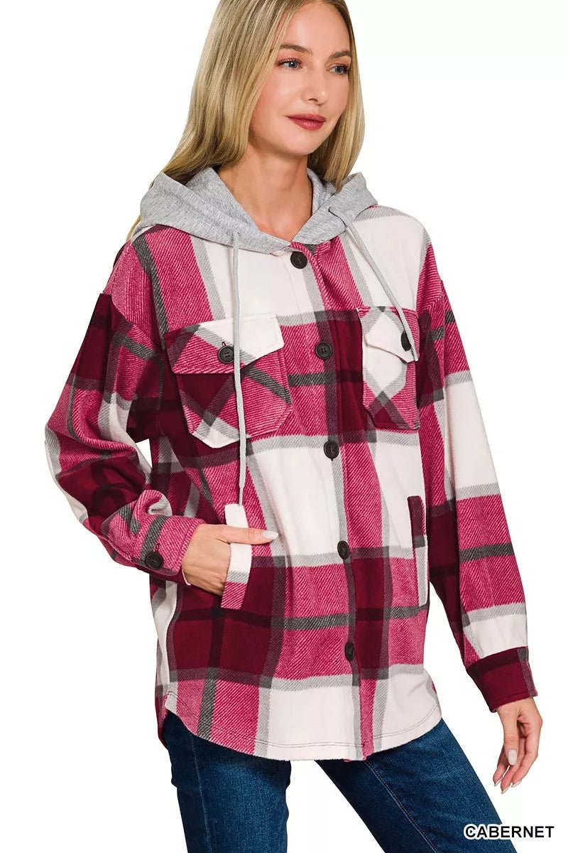 Zenana Plaid Drawstring Hooded Fleece Shacket - Bitsy Gypsy Boutique