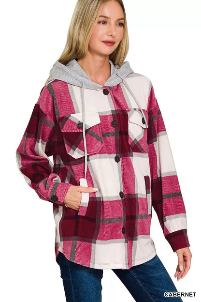 Zenana Plaid Drawstring Hooded Fleece Shacket - Bitsy Gypsy Boutique