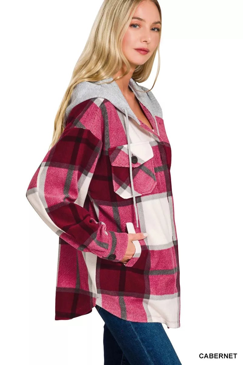 Zenana Plaid Drawstring Hooded Fleece Shacket - Bitsy Gypsy Boutique
