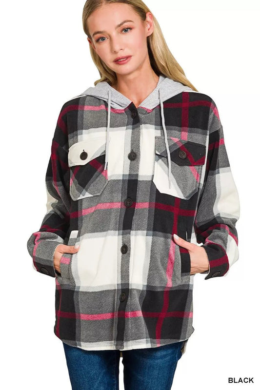 Zenana Plaid Drawstring Hooded Fleece Shacket - Bitsy Gypsy Boutique